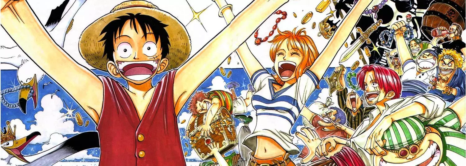 Groupe de personnages de manga One Piece célébrant, levant les bras, autour de Luffy au premier plan sur fond bleu, avec des accessoires et coffrets.