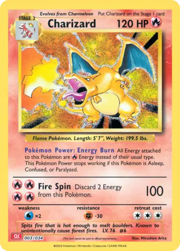 Carte Pokémon Charizard holographique, 120 HP, illustrée dessin animé avec flamme et arrière-plan doré. Fire Spin, Energy Burn et 100 dégâts.