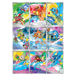 Cartes Pokémon 30e anniversaire de Pokémon: grille de 9 Pokémon holographiques colorés, featuring Bulbizarre, Salamèche, Carapuce, Tortipouss, Ouisticram, Tiplouf, Brindibou, Flamajou et Otaquin.