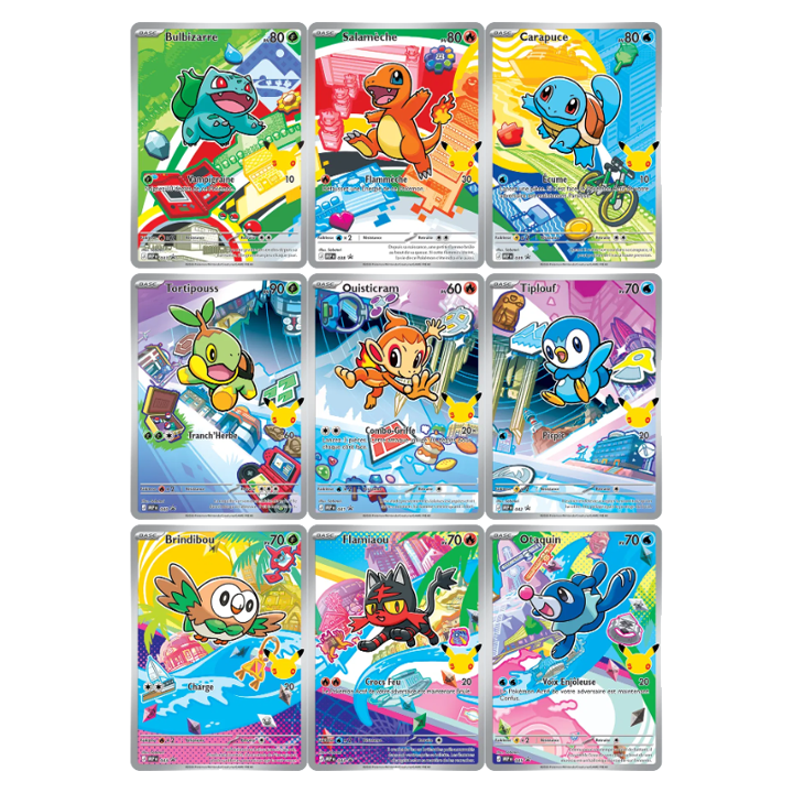 Cartes Pokémon 30e anniversaire de Pokémon: grille de 9 Pokémon holographiques colorés, featuring Bulbizarre, Salamèche, Carapuce, Tortipouss, Ouisticram, Tiplouf, Brindibou, Flamajou et Otaquin.