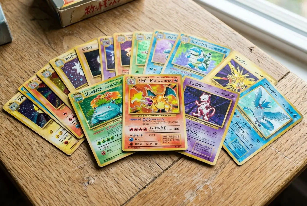 Pioche de cartes Pokémon colorées éparpillées sur une table en bois, montrant des illustrations variées et des textes en japonais. histoire des cartes pokémon integrated.